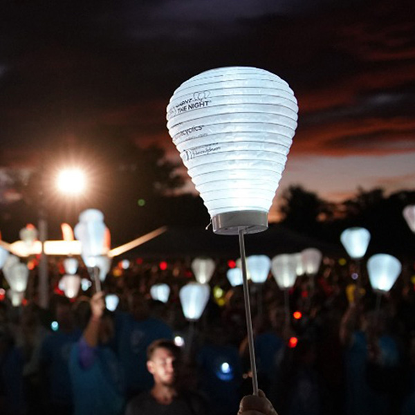 Park full of illuminated handheld lanterns.