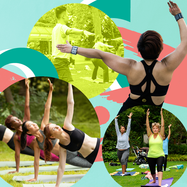 Collage of images showing people engaging in zumba and yoga moves.